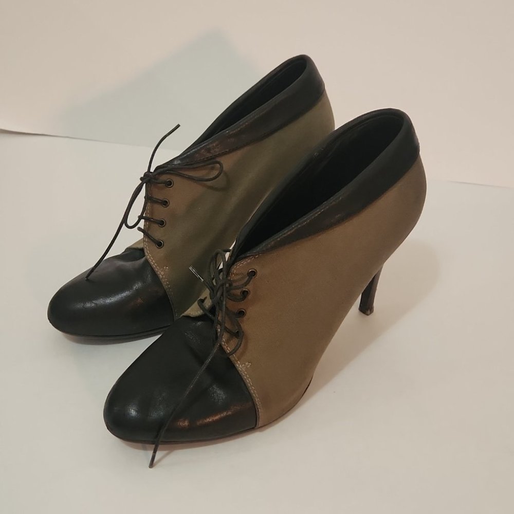 J. CREW | Italy Canvas Leather Oxford Heeled Ankle Booties military green sz 10